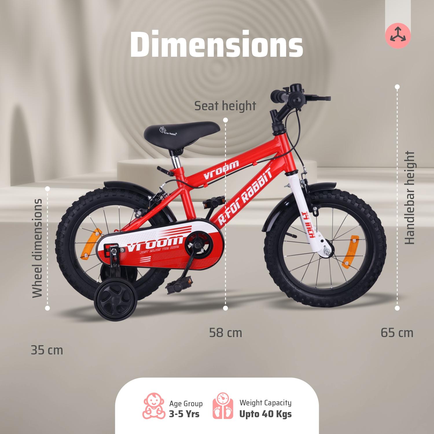 R for Rabbit Vroom Bicycle for Kids Cycle for 3 to 5 Years Boys & Girls 14T Inches | Training Wheels| 90% Installed (Red)