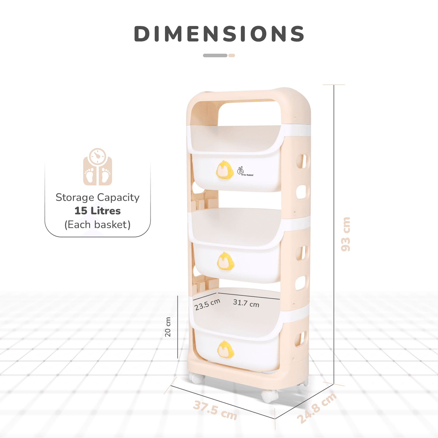 R for Rabbit Polypropylene Kiddo Korner Frosty Organizer for Kids Toys/Books & Baby Clothes Wardrobe,Detachable 3 Level Storage Organiser,Easy Plug N Play Installation & Lockable Wheels(Beige White)