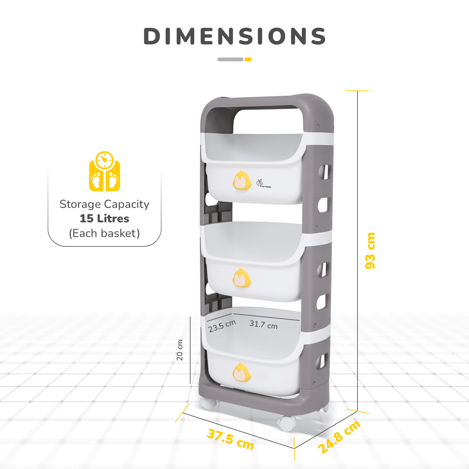 R for Rabbit Kiddo Korner Frosty Organizer for Kids Toys/Books & Baby Clothes Wardrobe | Detachable 3 Level Storage Organiser | Easy Plug N Play Installation & Lockable Wheels (Grey White)