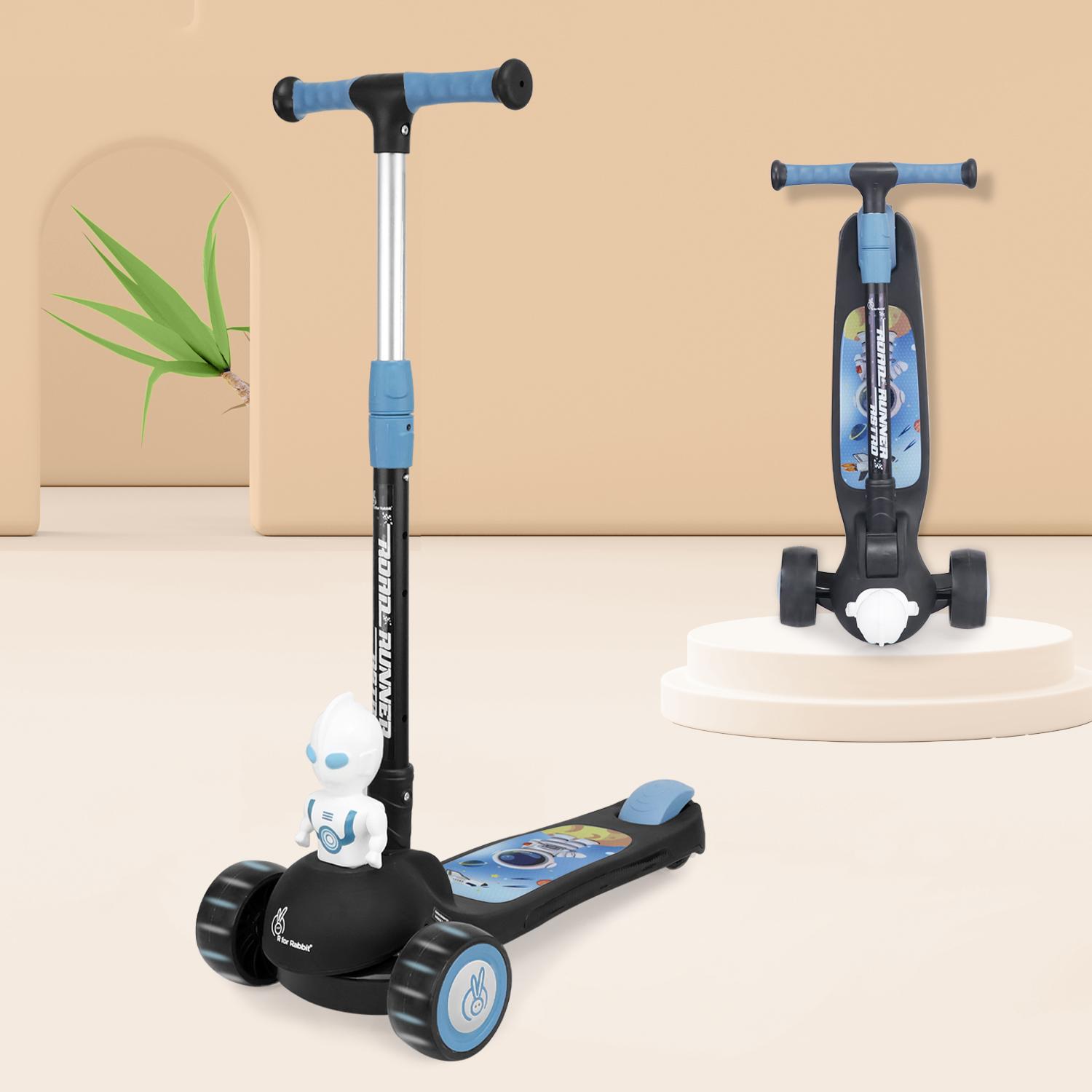 R for Rabbit Road Runner Astro Kids Scooter, Multi Level Adjustable Height, Smart Fold & PU LED Wheels Kick Scooter with Brake for 3+ Years Kids, Weight Capacity Upto 75kgs (Black)