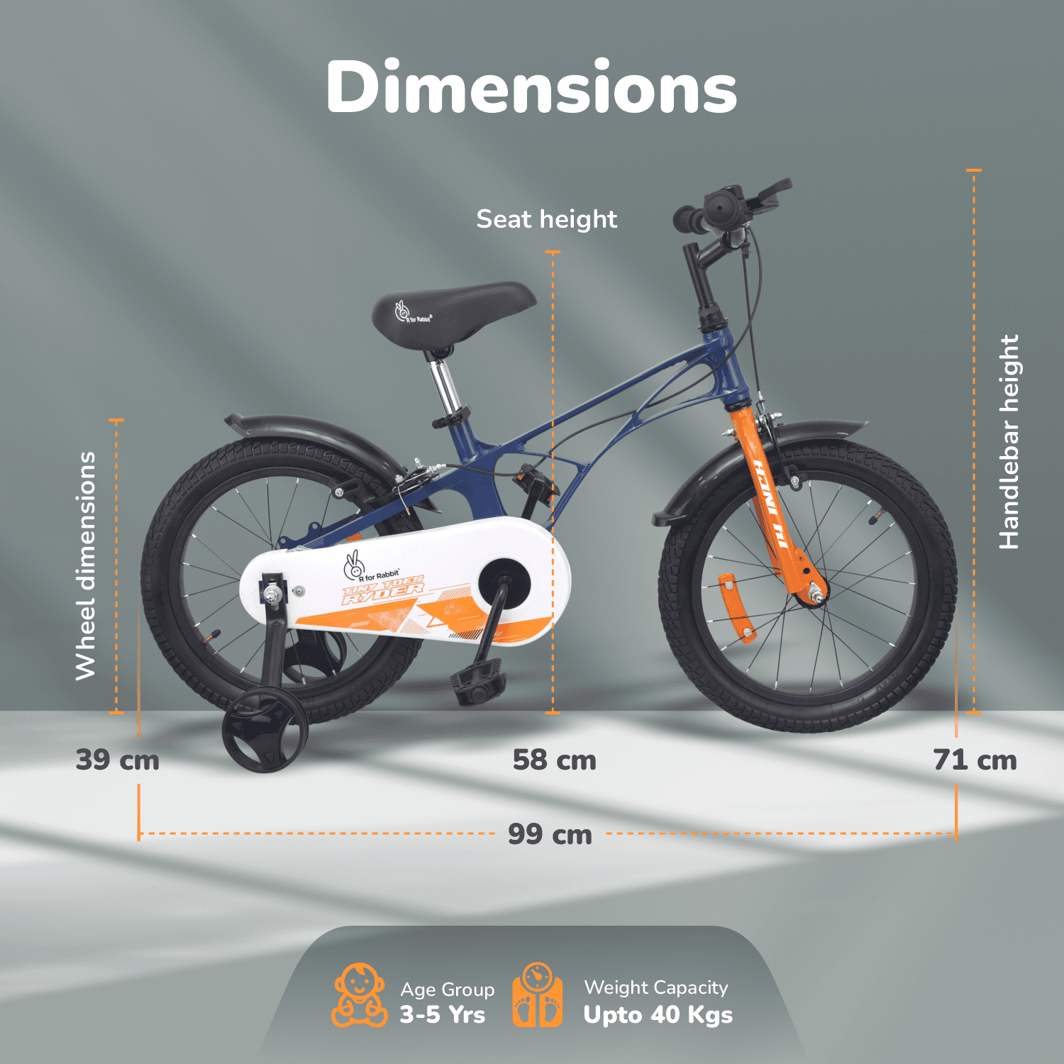 R for Rabbit Tiny Toes Ryder 14T Magnesium Frame Bicycle for Kids 3-5 Years Boys & Girls | 14 Inch Baby Cycle with Training Wheels, Up to 40 Kg Weight Capacity- 90% Pre-Installed (Blue Orange)