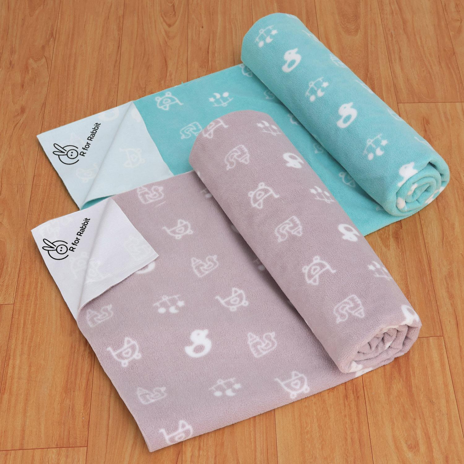 R for Rabbit Waterproof Quick Dry Sheet for Baby | Anti-Piling Fleece Breatheable Fabric Extra Absorbent Instant Dry Baby Bed/Cot Protector Mat (Size-M,Blue-Grey,Pack of 2 Combo)