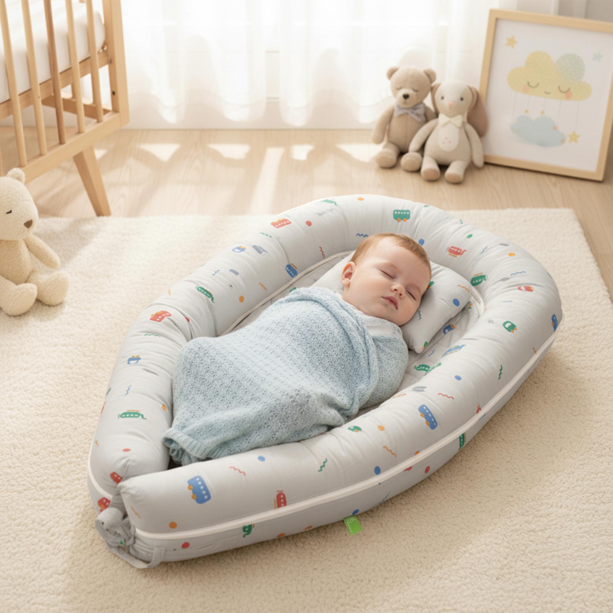Snuggy Cuddles Newborn Baby Bed - Anti-Roll Baby Nest - 100% Cotton Breathable Lounger - Roadster Grey