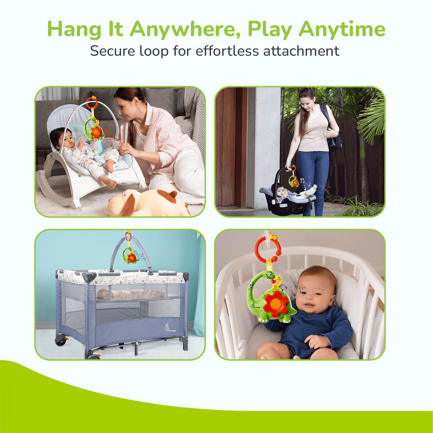R for Rabbit Orapple Dino Tune Musical Hanging Toy for Baby with 4 Built-in Tunes, Press & Play Mode, Attachable to Stroller, Cradle & Play Gym | Motor Skill Development 3+ Months Kids (Green Red)