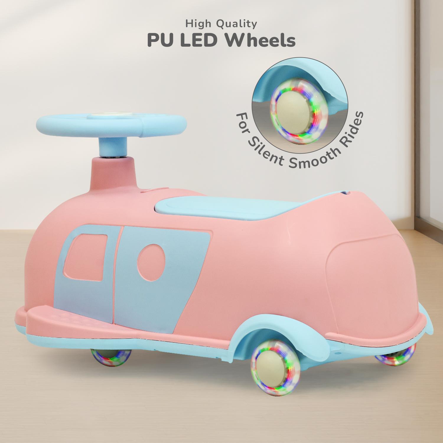 R for Rabbit Iya Iya Caravan 3 in 1 Kids Swing Car, Push & Pull Ride-On with Scratch Free PU LED Wheels & ABEC7 Bearing, Baby Twister Magic Car for 2+ Years Boys & Girls, Upto 75 Kgs (Pink Blue)