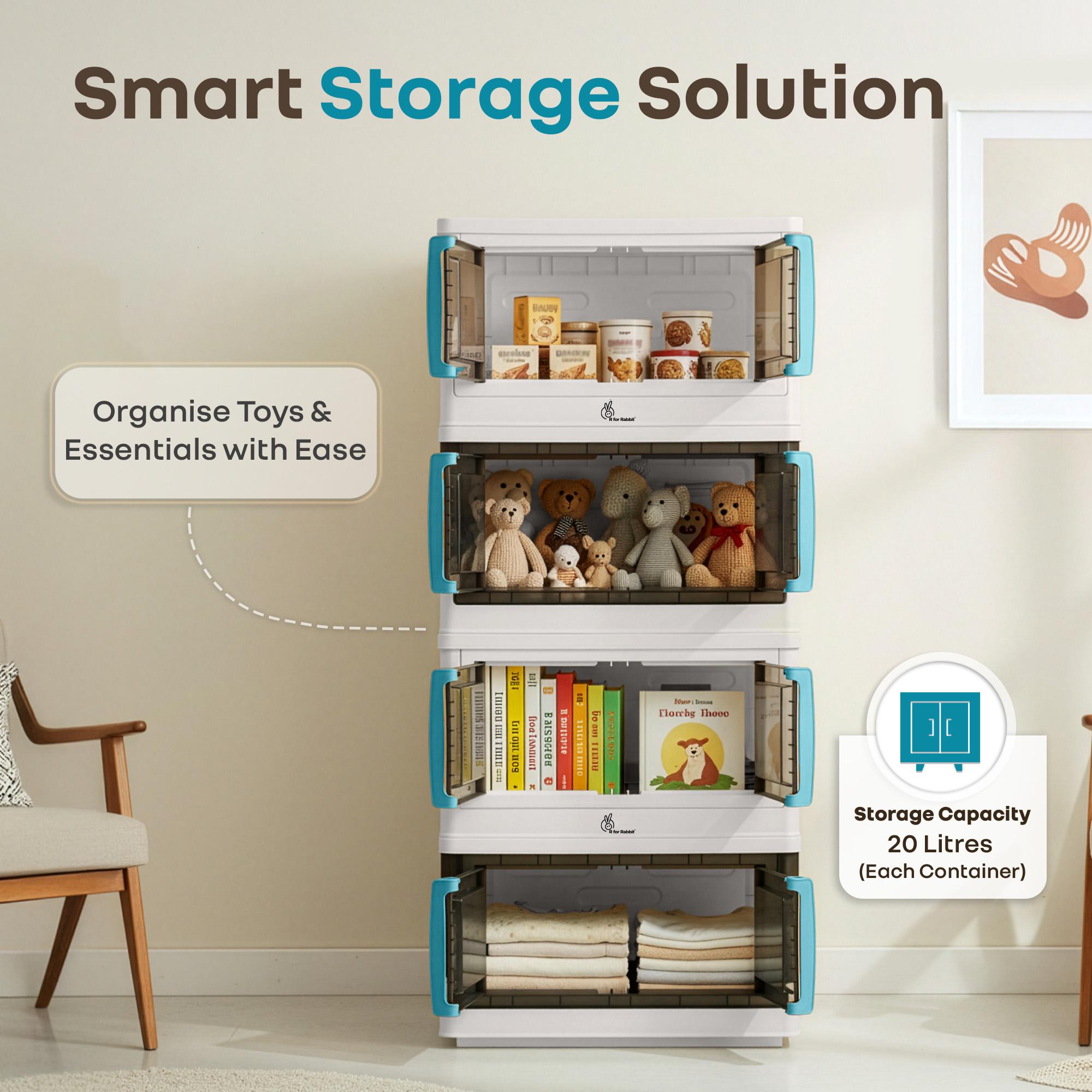 R for Rabbit Kiddo Korner Pod Kids Organizer Storage Box | 20L Modular Stackable Wardrobe with Wheels | Space-Saver Cabinet Bins with Door | Easy Plug N Play Installation (Set of 4, White Blue)