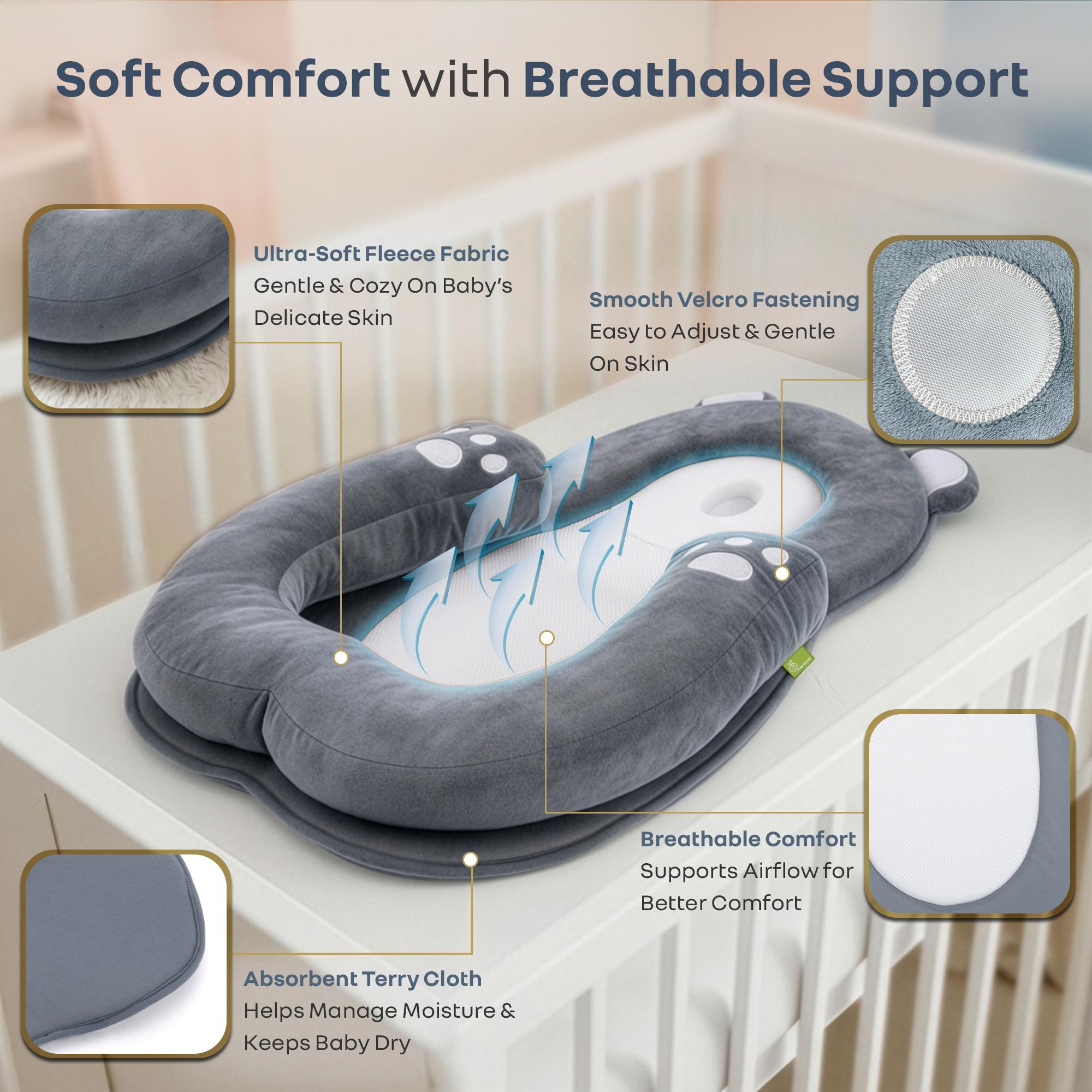 Snuggy Teddy Baby Lounger Nest - 4 in 1 Multipurpose Baby Bedding with Head Support Pillow, Plush Fabric, U-Shaped Cushion Design & Travel Friendly Baby Nest (0+ Months) - Grey