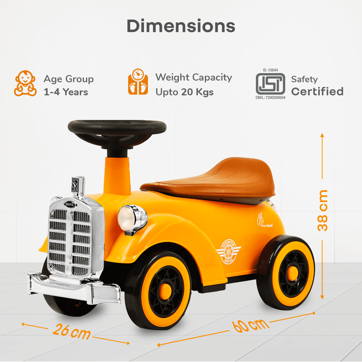 R for Rabbit Speedster Royal Ride on Car for Kids, Baby Vintage Looks Stylish Ride Car with LED Light & Horn Boys Girls Age 1-4 Years, Weight Capacity Up to 20Kgs (Orange Brown)