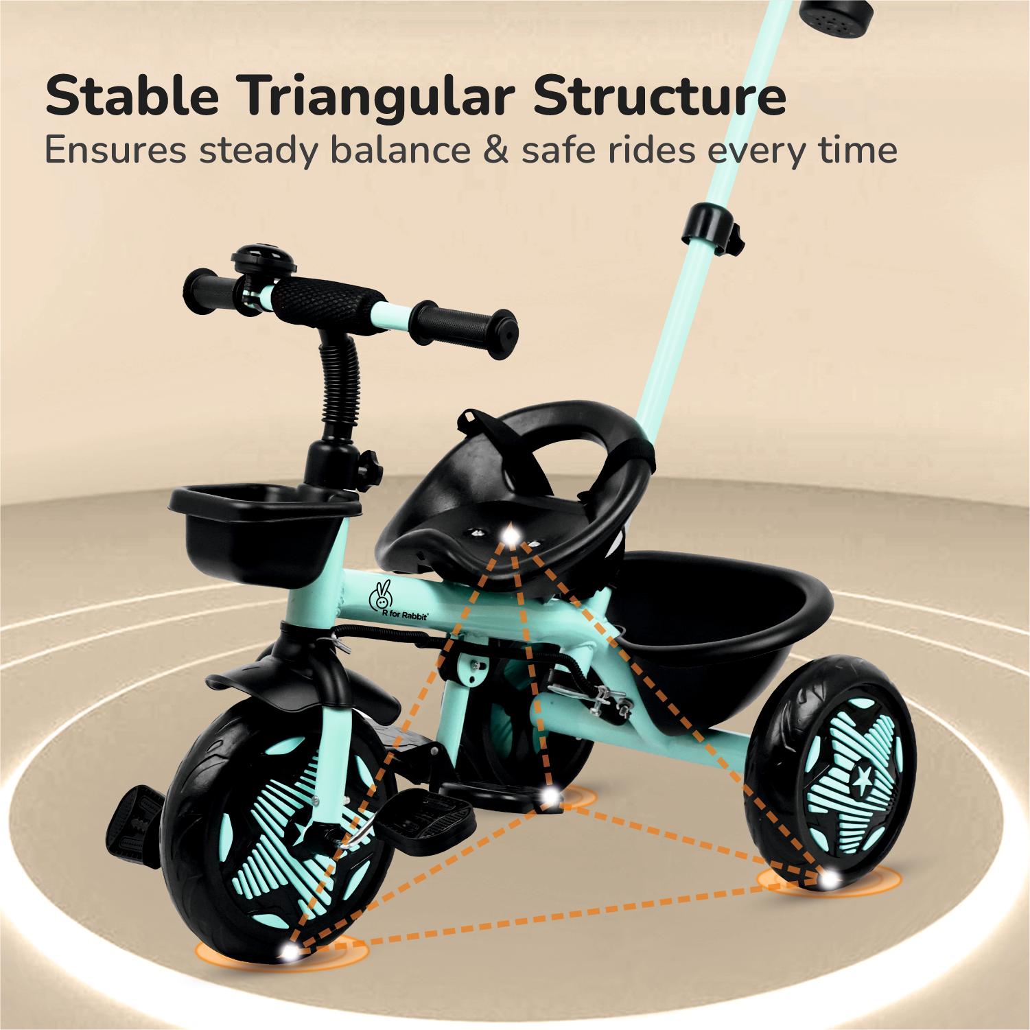 R for Rabbit Tiny Toes R20 Ace Tricycle for Kids with Parental Control, Premium EVA Wheels, Seat Belt & Bell and Storage Basket | Baby Trike Cycle for 2 to 5 Year, Upto 25 Kg Boy/Girl (Aqua Blue)