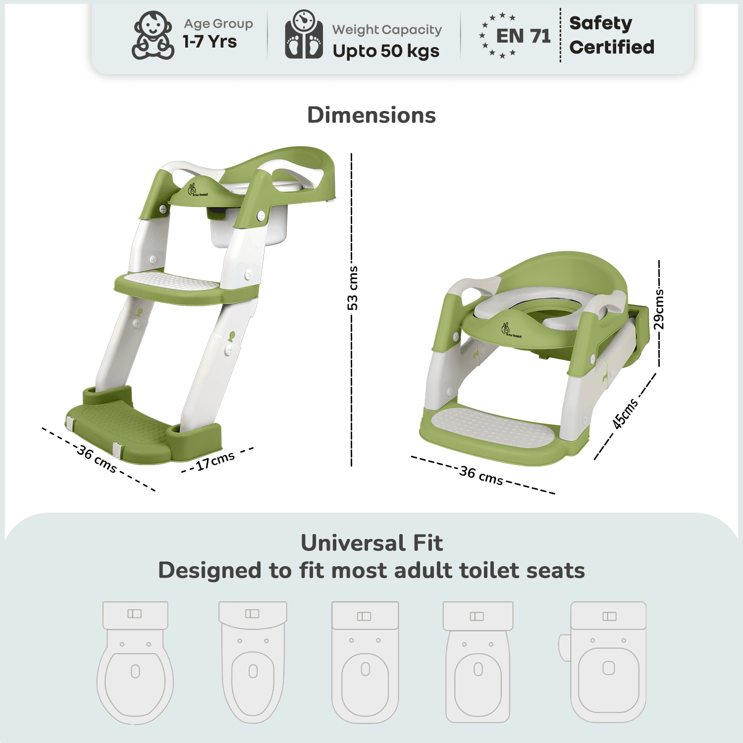 R for Rabbit Hilltop Trainer 2-in-1 Potty Training Seat & Step Stool | Adjustable Height with Anti-Skid Base, Universal Fit & Foldable Toilet Seat for 1-7 Years Kids, Toddler (Green White)