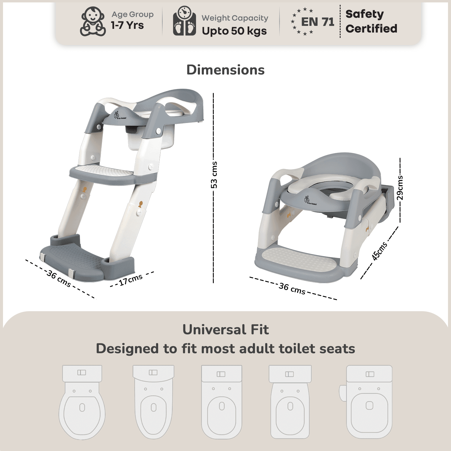R for Rabbit Hilltop Trainer 2-in-1 Potty Training Seat & Step Stool | Adjustable Height with Anti-Skid Base, Universal Fit & Foldable Toilet Seat for 1-7 Years Kids, Toddler (Grey White)