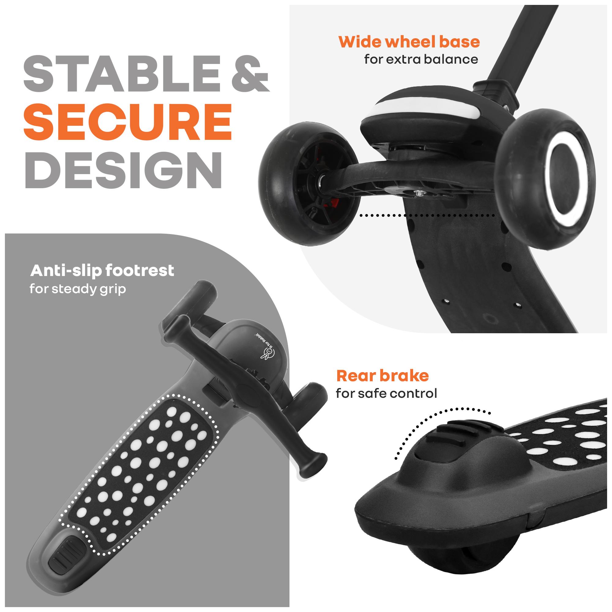 R for Rabbit Road Runner Jazz Foldable Kick Scooter for Kids with Music and Lights, 4 Level Adjustable Height, PU LED Wheels | Skate Scooter for 3+ Years Boys & Girls, Up to 75kg Weight (Pure Black)