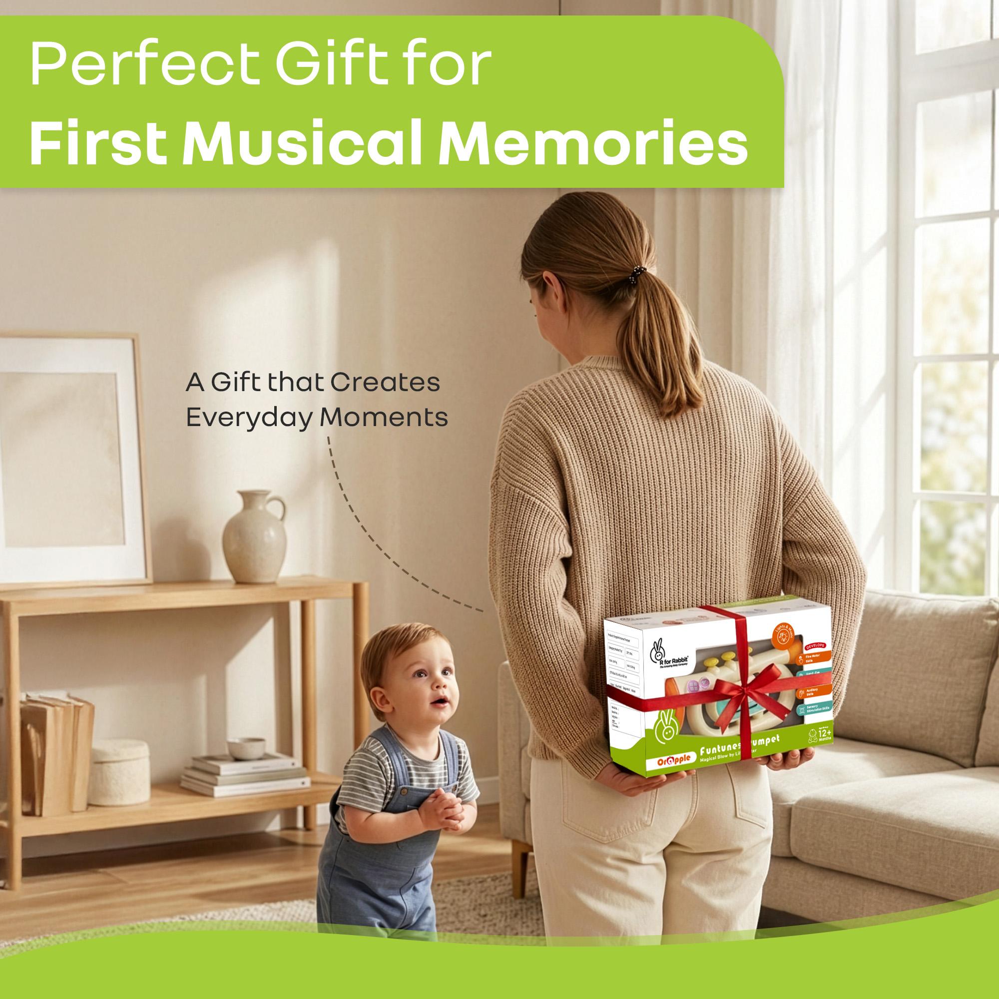 R for Rabbit Orapple Funtunes Trumpet Musical Toys for Kids | Light & Sound Music with Smart Auto Shut Off | 3 Play Modes | Early Learning Music Toy for Toddlers Ages 1+ Ideal for Kids (Beige Multi)